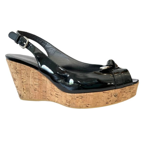 Stuart Weitzman Patent Leather Cork Wedge Bodajean Bow Slingback Heel Open Toe S - Picture 2 of 13